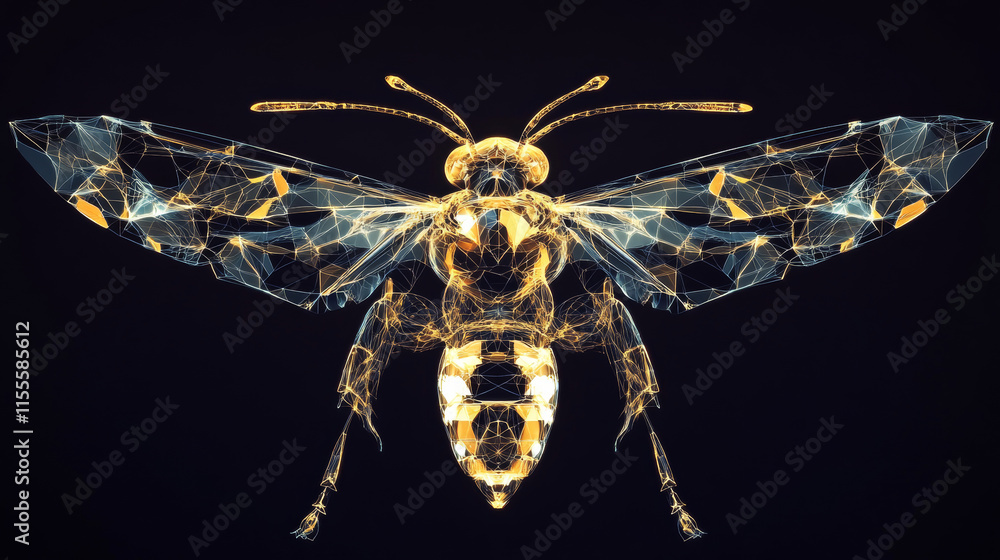 Poster the hologram of the wasp. a wasp of polygons, triangles of points and lines. wasp is a low-poly comp