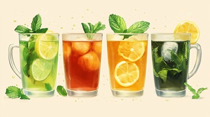 Refreshing Assortment of Icy Fruit Infused Drinks in Glassware