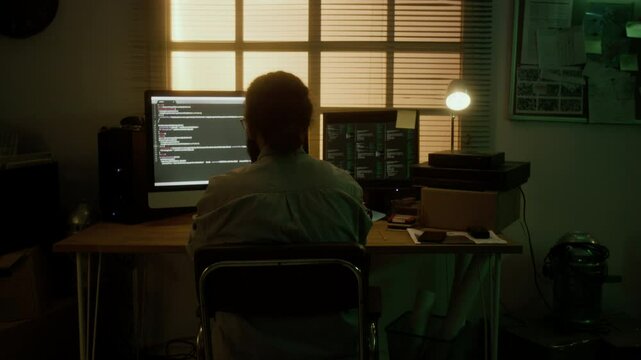 Male programmer sitting at desk and stretching his back and shoulders after long coding session at home in dimly lit room with blinds closed