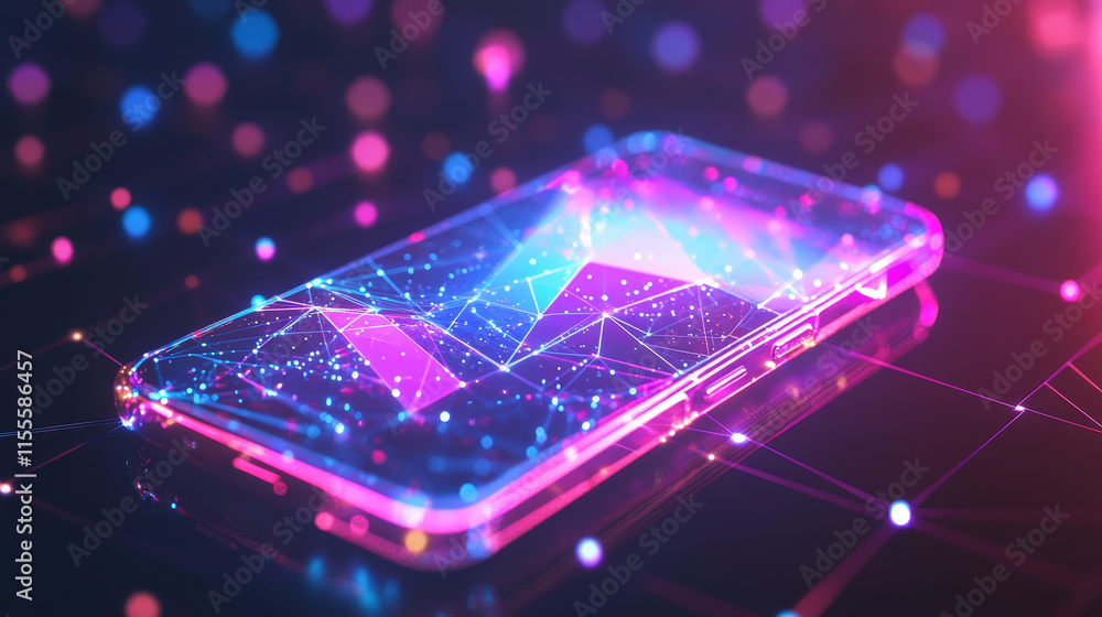 Poster hologram analysis of the phone. a phone made of polygons, triangles of dots and lines. the smartphon