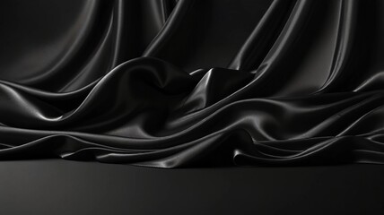 Black silky fabric with shiny waves for product placement, creative product display backdrop. Luxury product placement scene