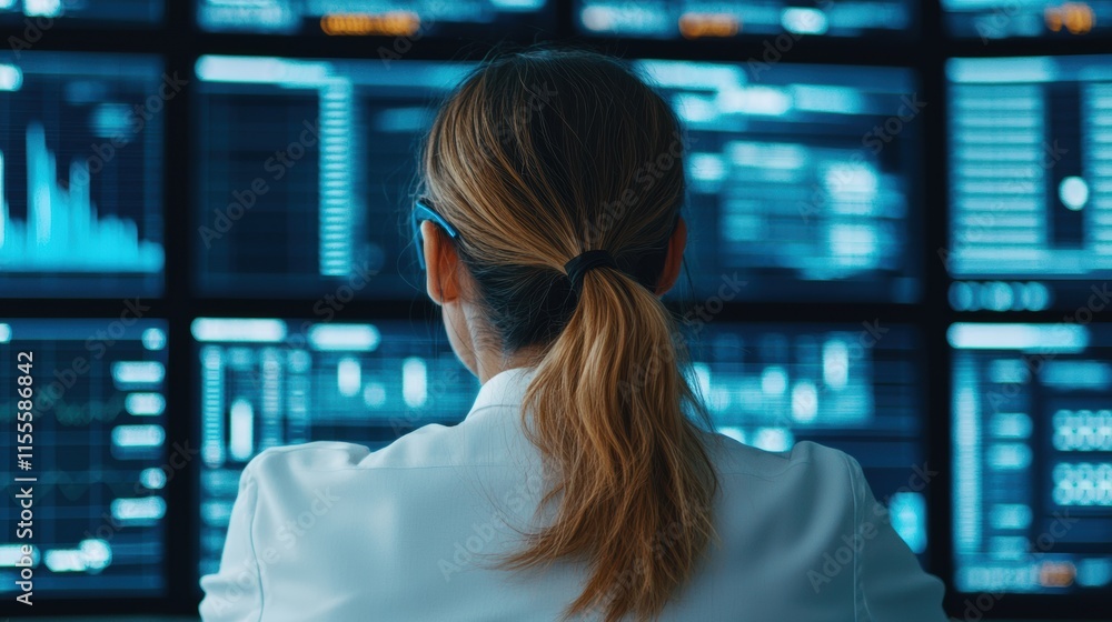 Poster financial analyst examining data on multiple screens in a modern office