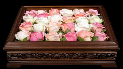 Ornate wooden box filled with pastel roses.