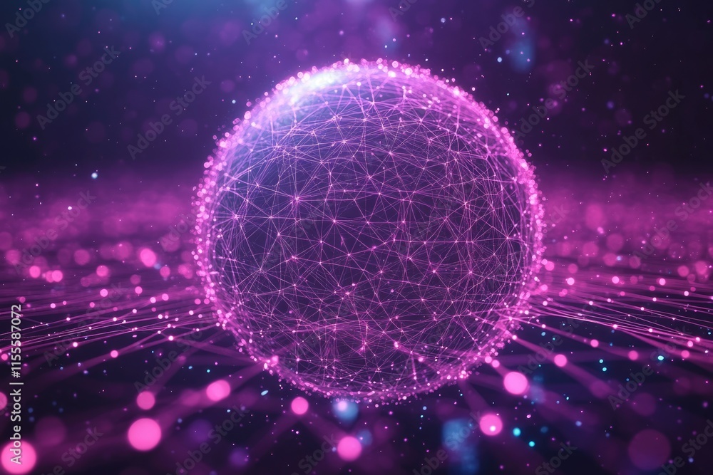 Poster a glowing sphere of interconnected nodes and lines, representing global network, data flow, or digit