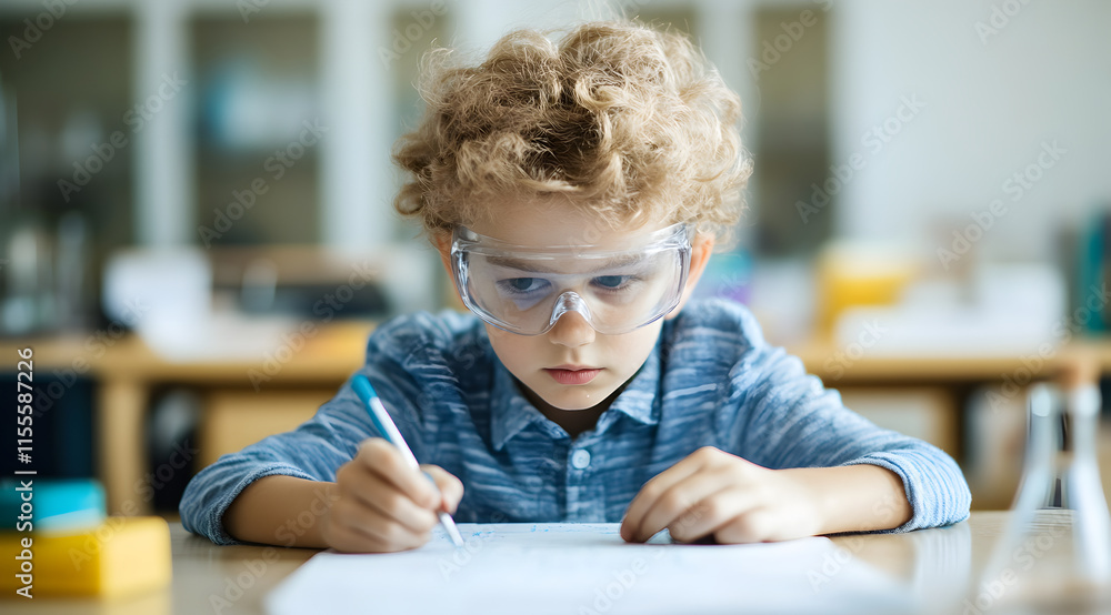 Poster a focused child with curly hair wears safety goggles while writing notes, engaging in a science expe
