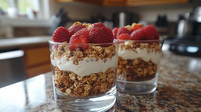 Delicious berry parfait with granola and yogurt served in a cozy kitchen setting
