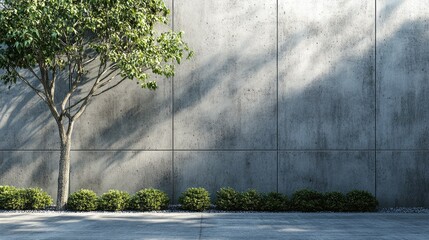 A minimalist prefab concrete wall with clean horizontal lines, serving as a boundary for a modern garden.