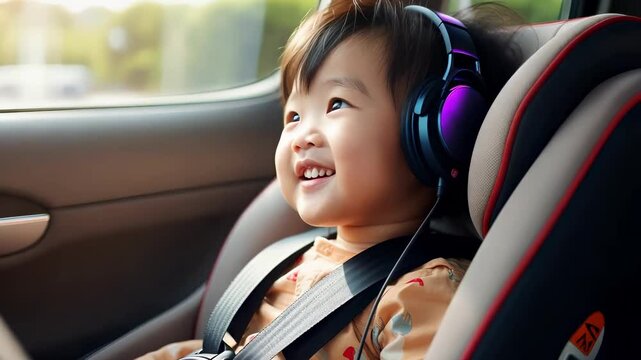 Smiling Child in a Car Seat Listening to Music with Headphones  
