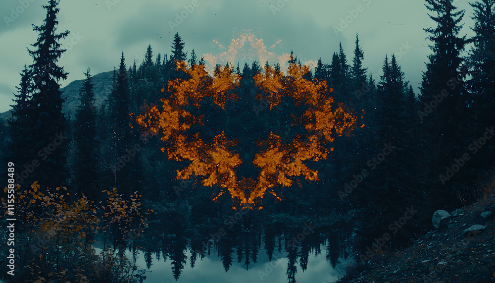 Poster surreal autumnal forest scene with fiery symmetrical pattern reflected in still water. perfect for f