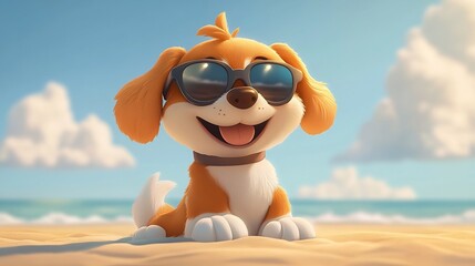 Cheerful Cartoon Puppy Wearing Sunglasses on Beach