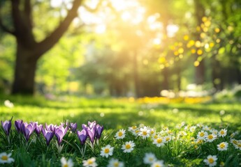 Obraz premium Beautiful Spring Garden Scene with Purple Crocus Flowers and White Daisies in Soft Focus, Illuminated by Warm Sunshine Filtering Through Green Leaves
