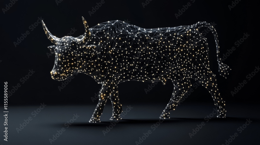 Poster the bull hologram. a bull made of polygons, triangles of points and lines. the bull is a low-poly co