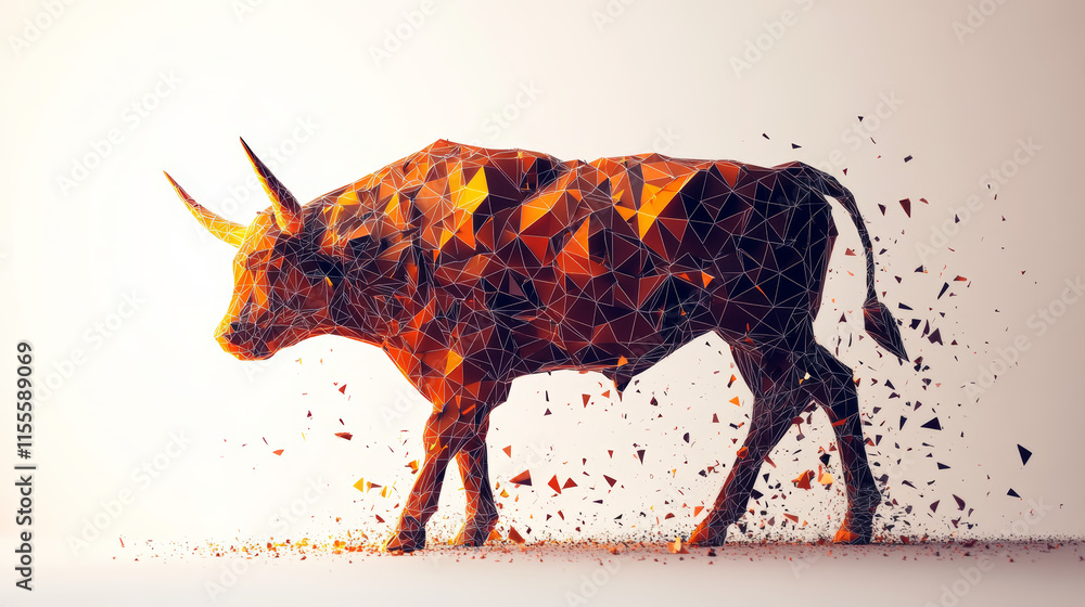 Poster the bull hologram. a bull made of polygons, triangles of points and lines. the bull is a low-poly co