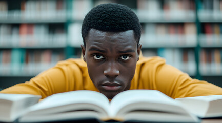A focused student in a library stares intently at an open book, surrounded by shelves filled with books, showcasing a moment of concentration and learning.