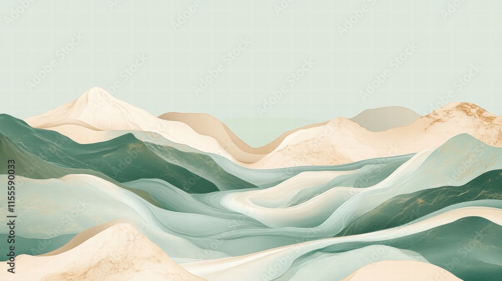 Fototapete winding river flows through a serene mountain range in a minimalist mock up showcasing a peaceful la