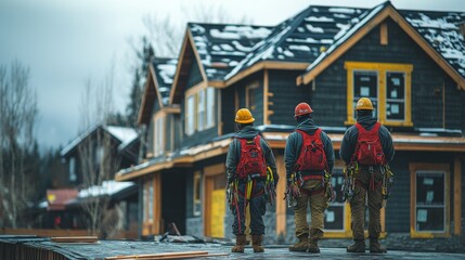 Roofers working on a residential building under a clear sky