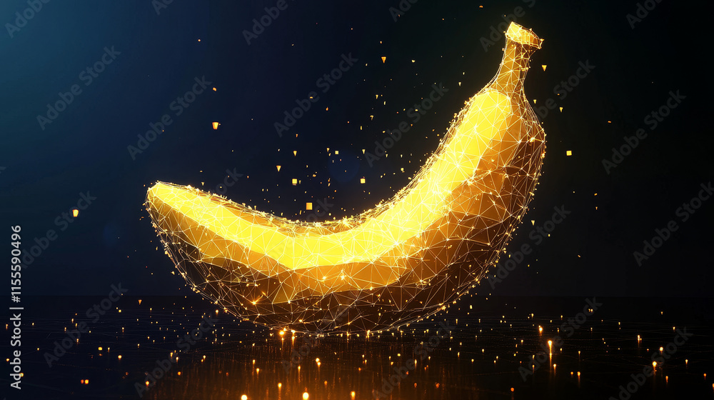 Poster a hologram of a banana. a banana made of polygons, triangles of dots and lines. banana is a low-poly