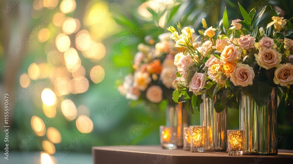 Poster stylish storefront display featuring elegant flowers in glass vases during a sunny day. generative a
