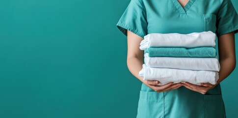 nurse in uniform holds several clean towels, showcasing professional and organized appearance. vibrant background enhances fresh and hygienic atmosphere