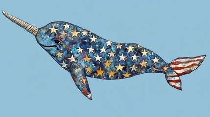 Patriotic Narwhal with American Flag Stars Underwater Scene
