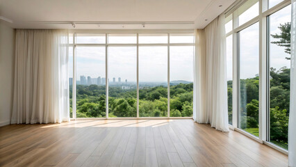 Fototapeta premium a large open window with a view of the city