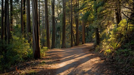 Obraz premium A peaceful forest path surrounded by tall trees with sunlight streaming through.