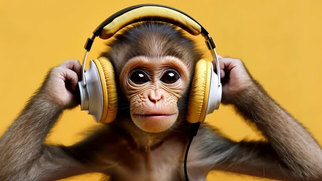 Monkey Wearing Headphones on a yellow background