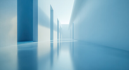 Obraz premium Bright corridor features smooth, reflective floors and tall, narrow openings along the walls. The blue tones create a calm atmosphere, enhancing the minimalistic design.