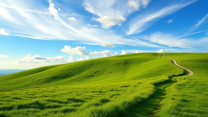 Obraz premium Panoramic view of winding path in hilly green field at dawn with blue sky and clouds, summer, panoramic