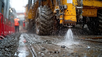 Construction site, heavy machinery spraying water on muddy road.