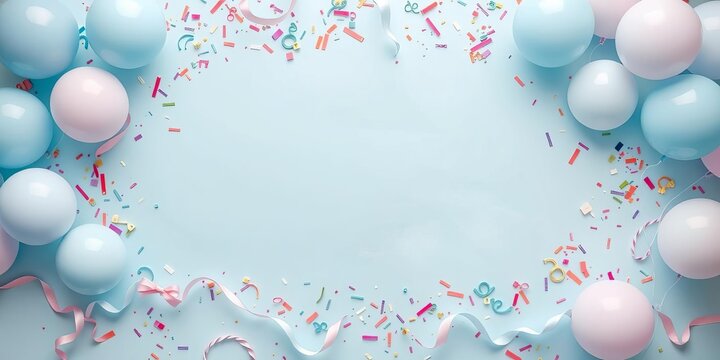 Pastel blue border with assorted party decorations arranged in a flat lay top view, decoration, sparkles