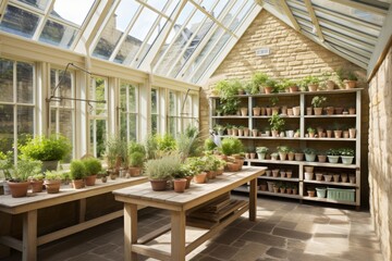 Modern greenhouse interior featuring vibrant potted plants in a contemporary setting