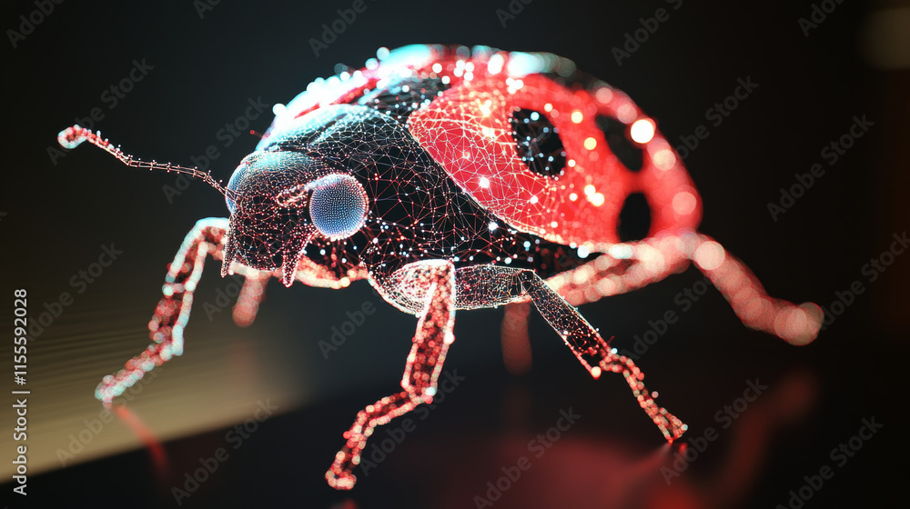 Poster a hologram of a ladybug. a ladybug made of polygons, triangles of dots and lines. ladybug low poly c