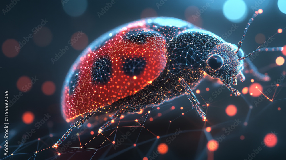 Poster a hologram of a ladybug. a ladybug made of polygons, triangles of dots and lines. ladybug low poly c