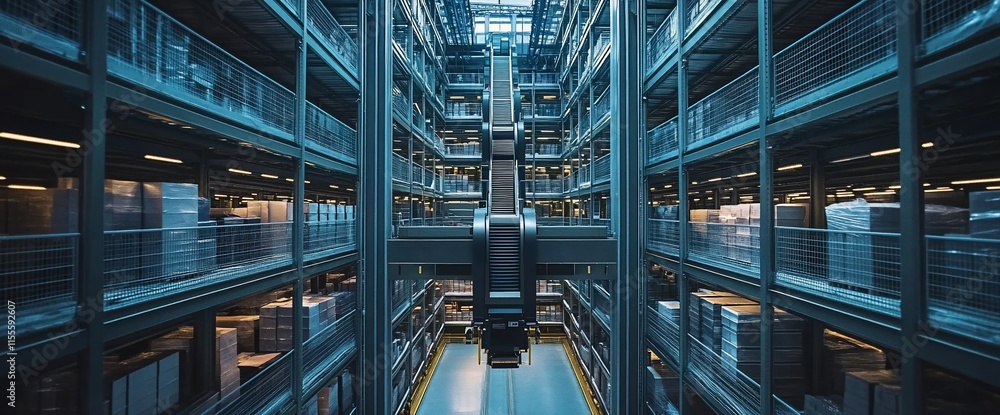 Poster a modern warehouse with automated shelving and robotic systems for storage.