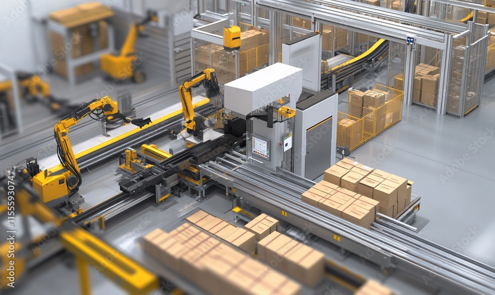 Poster a modern warehouse with robotic arms and conveyor systems for automated logistics.