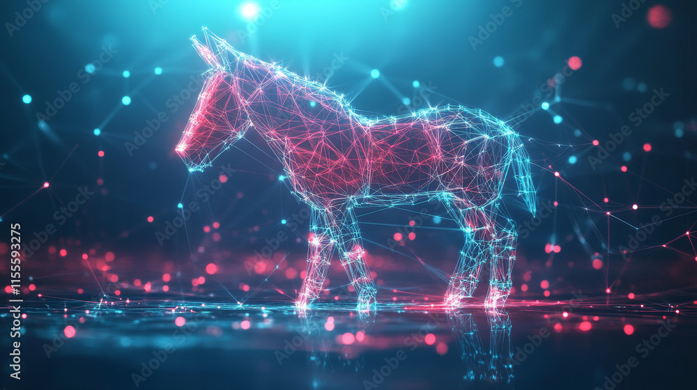 Poster the hologram is a donkey. a donkey made of polygons, triangles of points and lines. the donkey is a 