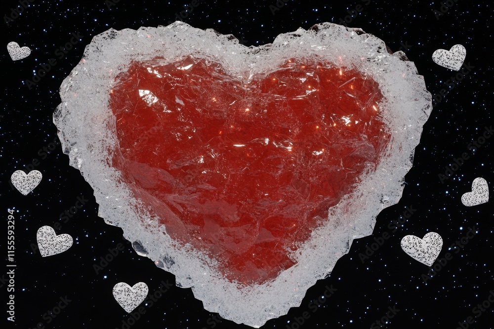 Poster A 3D-rendered scene of a large Valentine heart made of crystal, glowing with vibrant red light and surrounded by floating heart-shaped particles