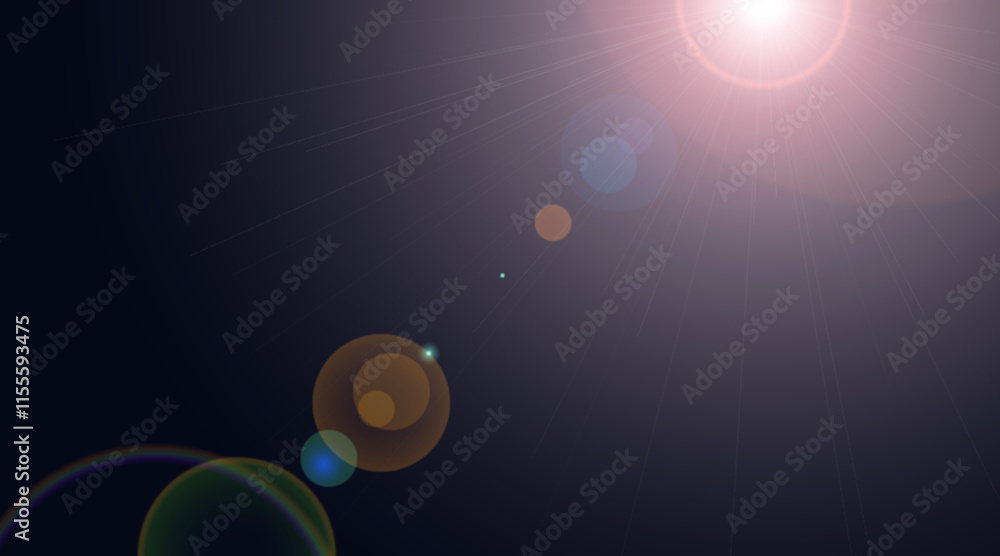 Poster sunlight special lens flare light effect with dark background. sun flash with rays and spotlight. br