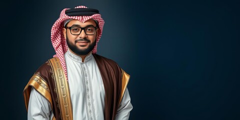 Obraz premium Portrait of handsome Arab man wearing traditional kandora in studio setting, classy, Arab