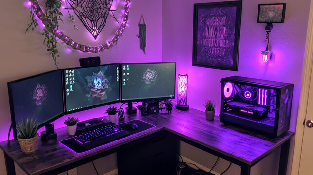 Purple Aesthetic Gamer Setup: Triple Monitor, RGB Lighting, and Cozy Vibes