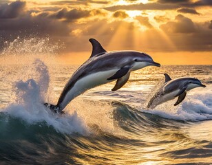 Fototapeta premium Playful Dolphins Leaping Through Golden Ocean Waves at Sunset