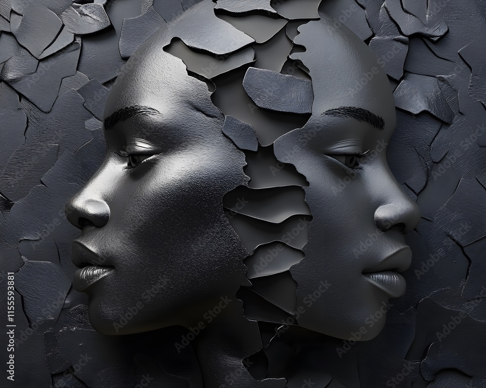 Poster a striking artistic representation of dual faces emerging from a textured surface, illustrating them