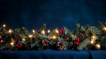 Radiant bokeh lights enhancing holiday garlands on a rich midnight blue background