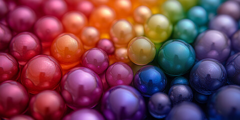 Glossy, reflective spheres in a smooth rainbow gradient, featuring glass-like textures and subtle reflections, create a vibrant, elegant, and harmonious abstract background.