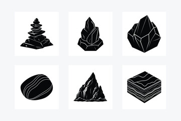 A collection of six rock and stone silhouette vector illustrations featuring geometric shapes, layered textures, and natural formations. Ideal for digital art, branding, geology themes, and minimalist