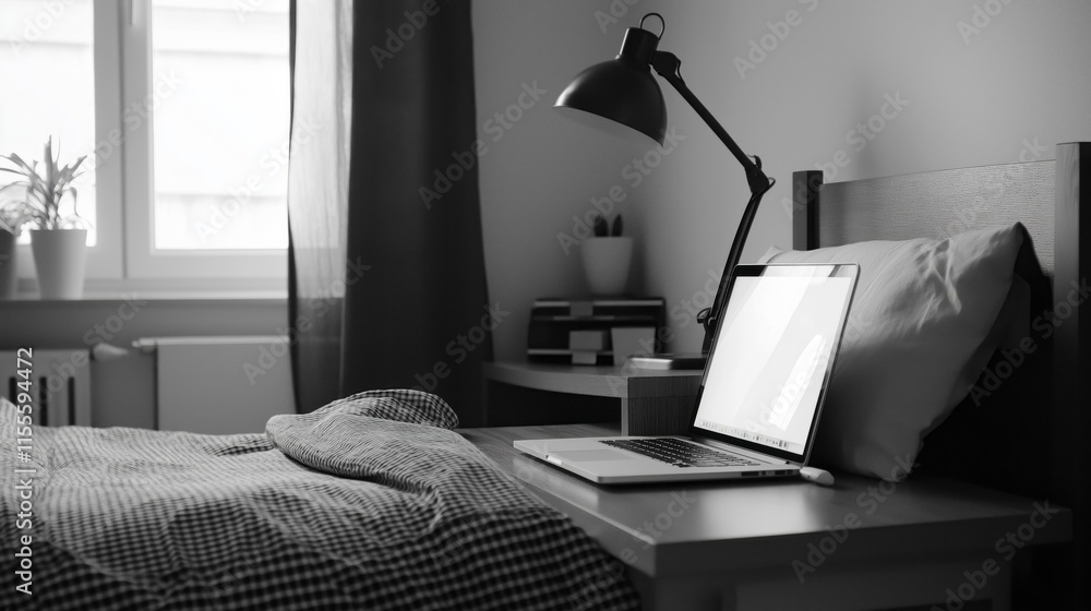 Poster a stylish bedroom showcases a neatly made bed adorned with a soft blanket beside a desk featuring a 