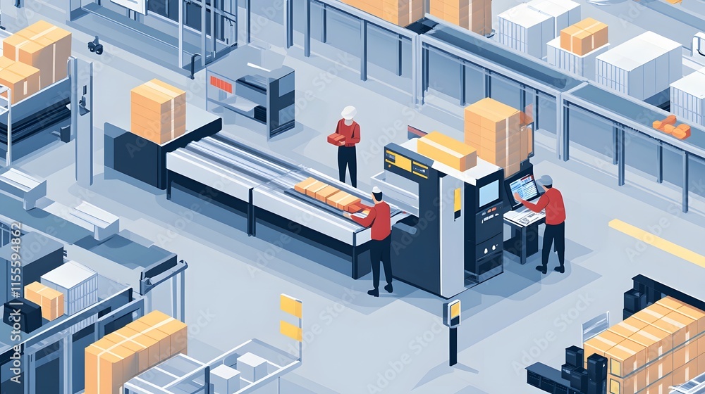 Poster an aerial view of workers in a modern warehouse, processing packages and utilizing technology for lo