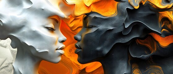An abstract representation of two faces merging with vibrant hues, exploring themes of identity, connection, and emotional depth against a vivid background.