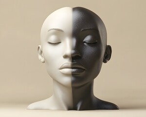 An artistic representation of duality, featuring a sculptural face split into light and dark tones, symbolizing balance and contrast in human emotions and cultural identity.